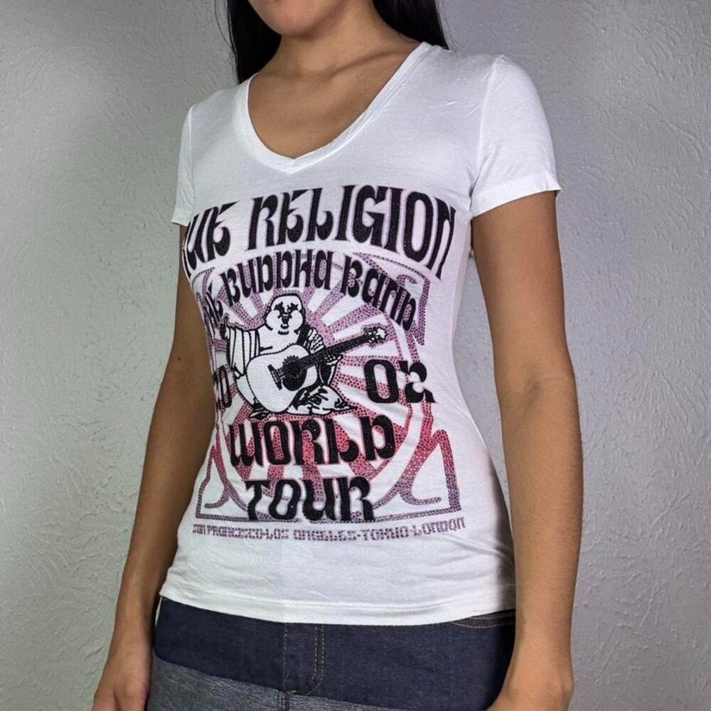Y2k TRUE RELIGION RHINESTONE GRAPHIC V NECK TEE